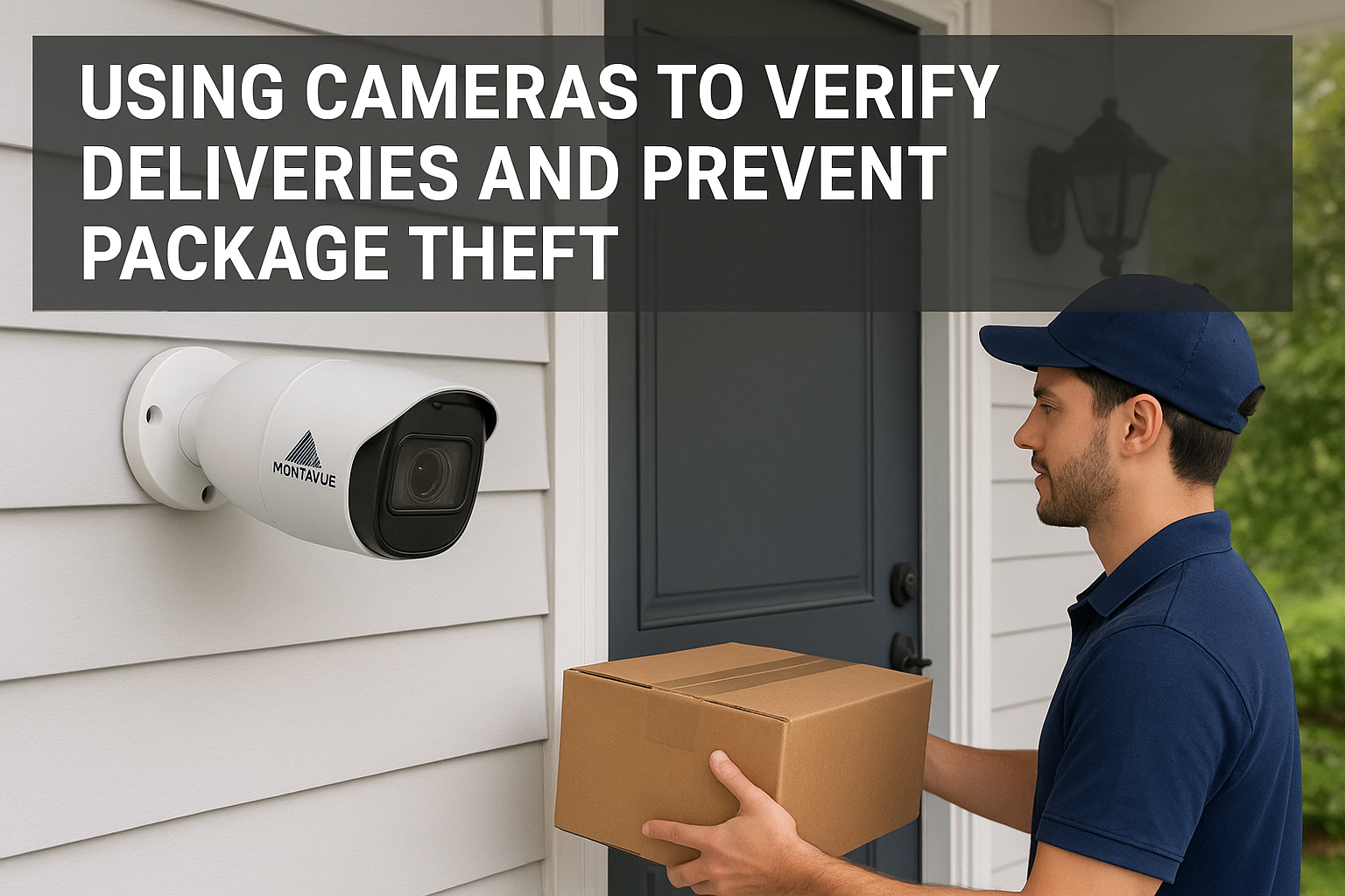 Delivery driver at front door under Montavue MTT8106-AD-AP camera preventing package theft