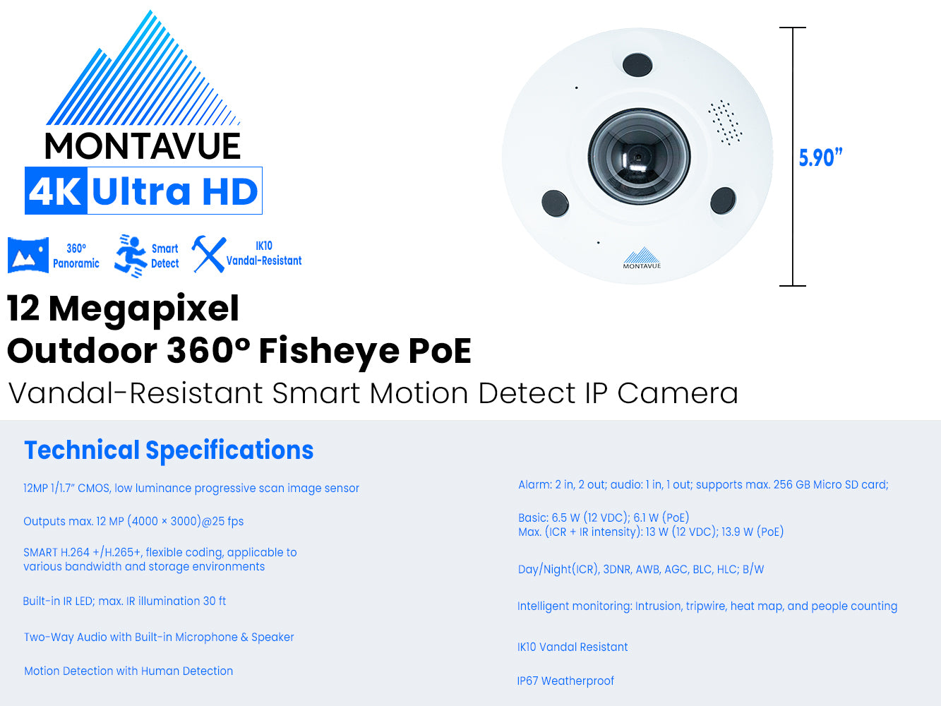 MTF12360-AI | 12MP 6K 360° Panoramic Fisheye AI Security Camera with 2-Way Audio - Montavue