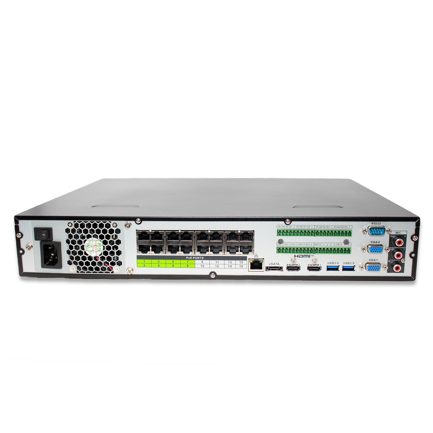 MNR5432-16P-AI | 32 Channel 4K H.265+ Pro-AI NVR with 80TB (4x20TB) HDD Max Internal Capacity, eSATA Expandable - HDDs Not Included - Montavue