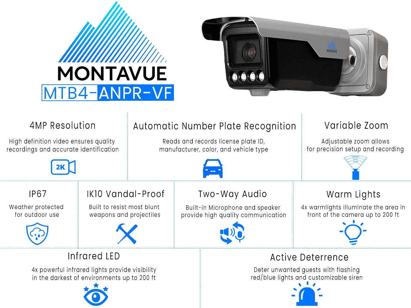 MTB4-ANPR-VF | 4MP 2K ANPR License Plate Recognition Camera - Montavue