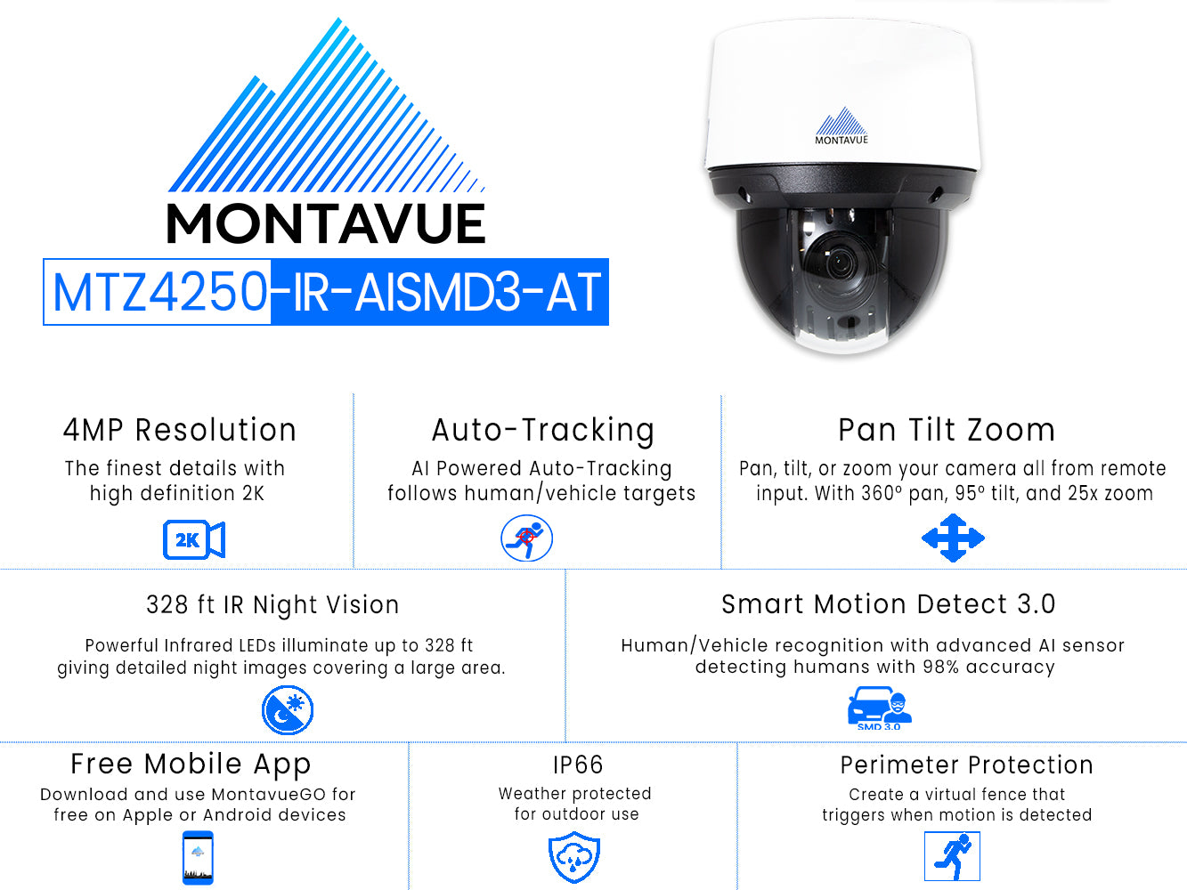 MTZ4250 | 4MP 2K Auto-Tracking PTZ Camera with 25x Zoom and SMD 3.0 - Montavue