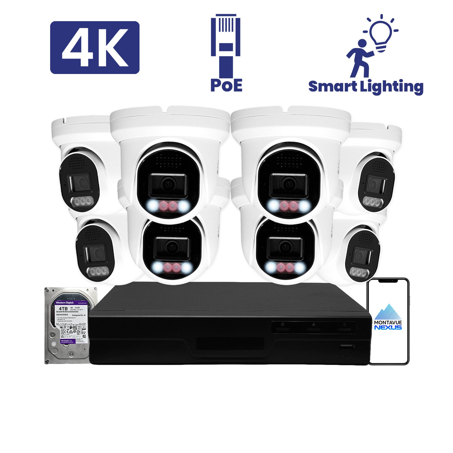8MP 4K Home Smart Light Turret IP Security Camera System with Pro 16 Channel PoE NVR & 4TB HDD - Montavue