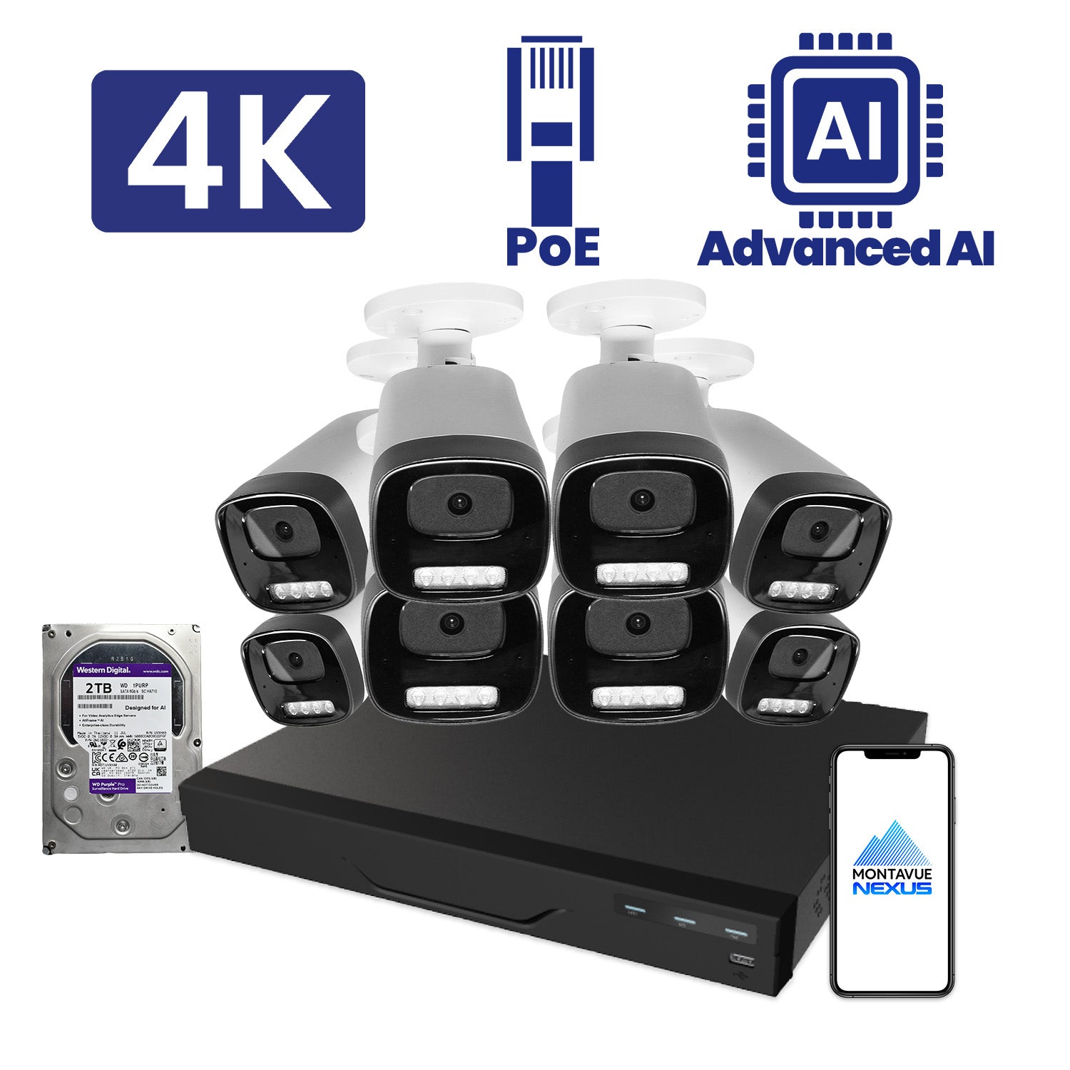 8MP Nexus Advanced AI Bullet Security Kit with 8 Channel NVR Pro & 2TB HDD - Montavue