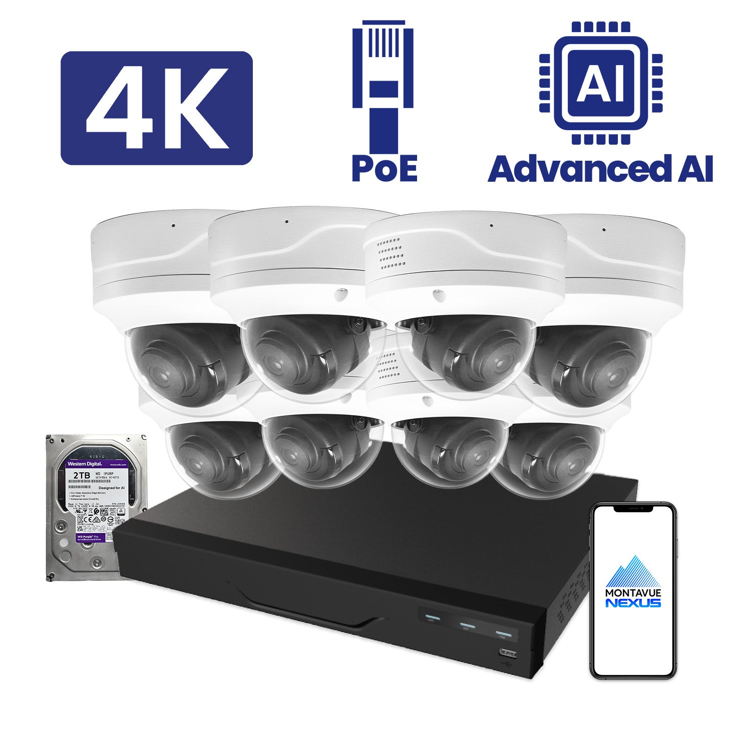 8MP Nexus Advanced AI Dome Security Kit with 8 Channel NVR Pro & 2TB HDD - Montavue