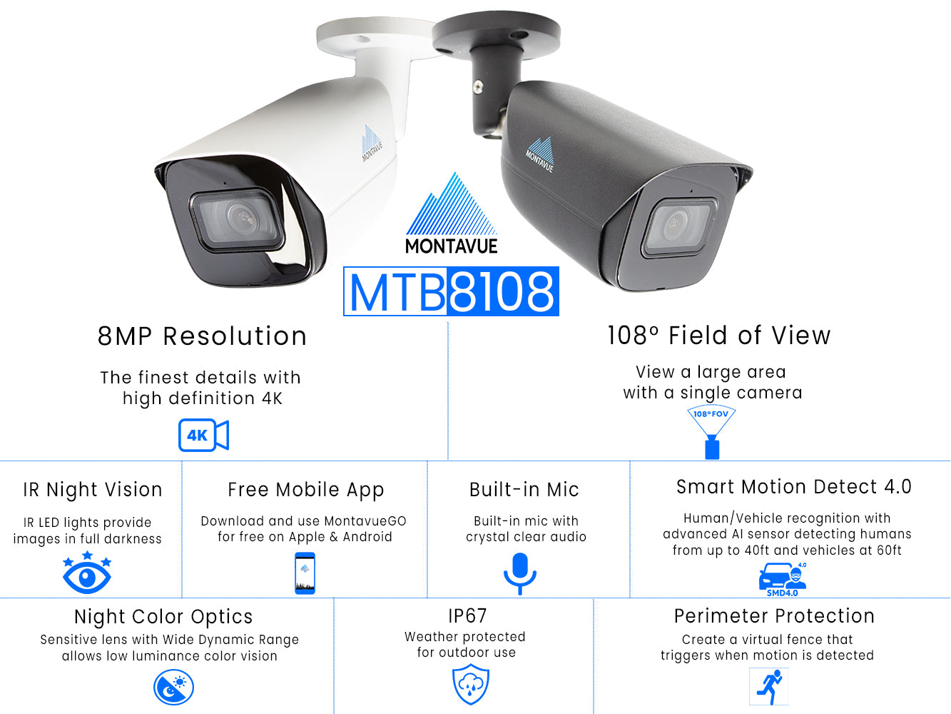 MTB8108-X Package | 8MP 4K SMD 4.0 Bullet Cameras and 8 Channel NVR with 2TB HDD - Montavue