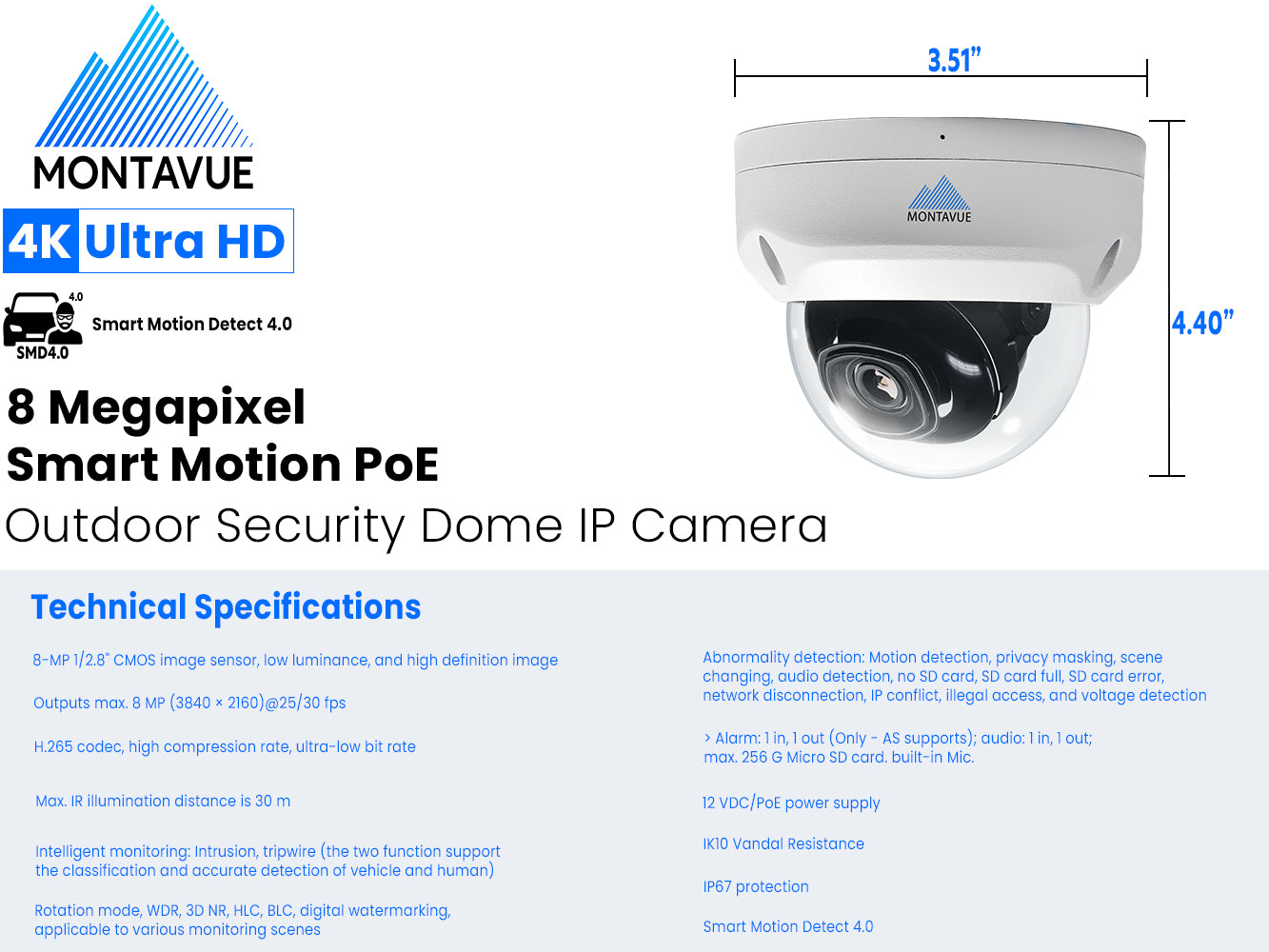 MTD8108-AISMD-X | 8MP 4K 30FPS IK10 Dome Security Camera with SMD 4.0 - Montavue