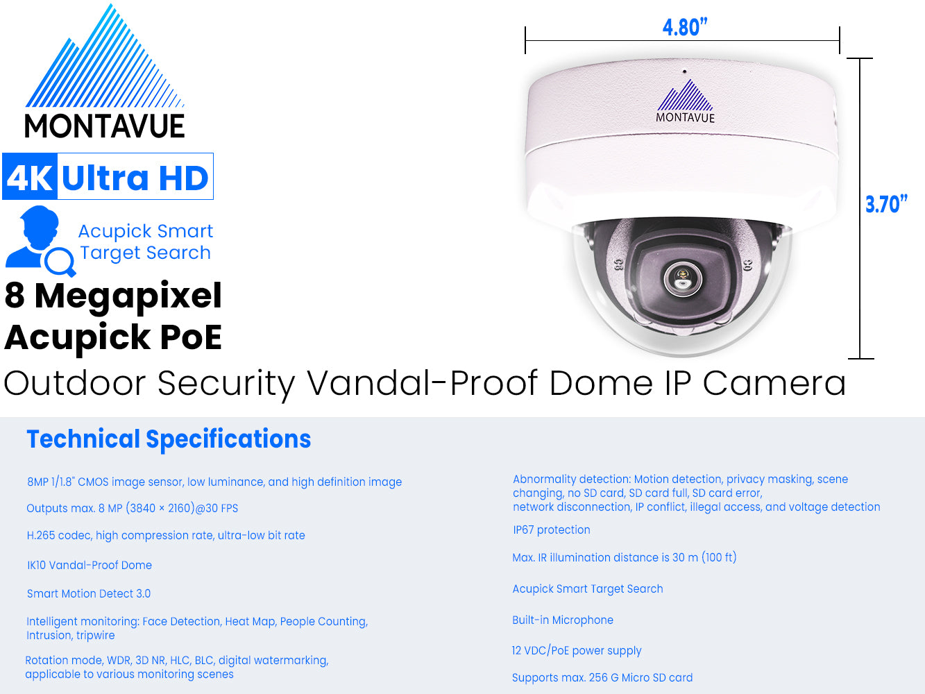 MTD8110-SMD3-AP-E | 8MP 4K 30FPS Acupick Vandal-Proof Dome Camera with ePoE and SMD 3.0 - Montavue