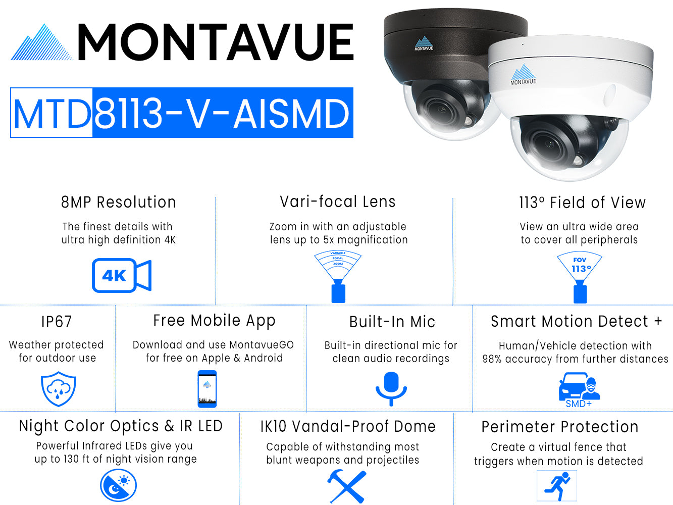 MTD8113-V-AISMD Package | 8MP 4K Smart Varifocal Dome Cameras and 8 Channel 4 Series AI NVR and 2TB HDD - Montavue