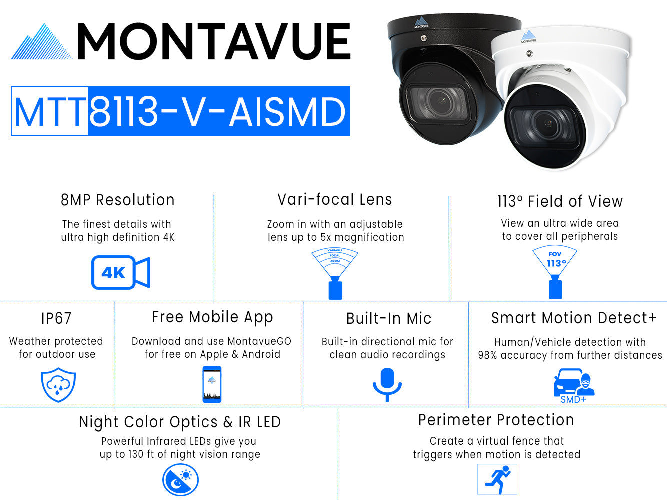 MTT8113-V-AISMD Package | 8MP 4K Smart Varifocal Turret Cameras and 8 Channel 4 Series AI NVR and 2TB HDD - Montavue