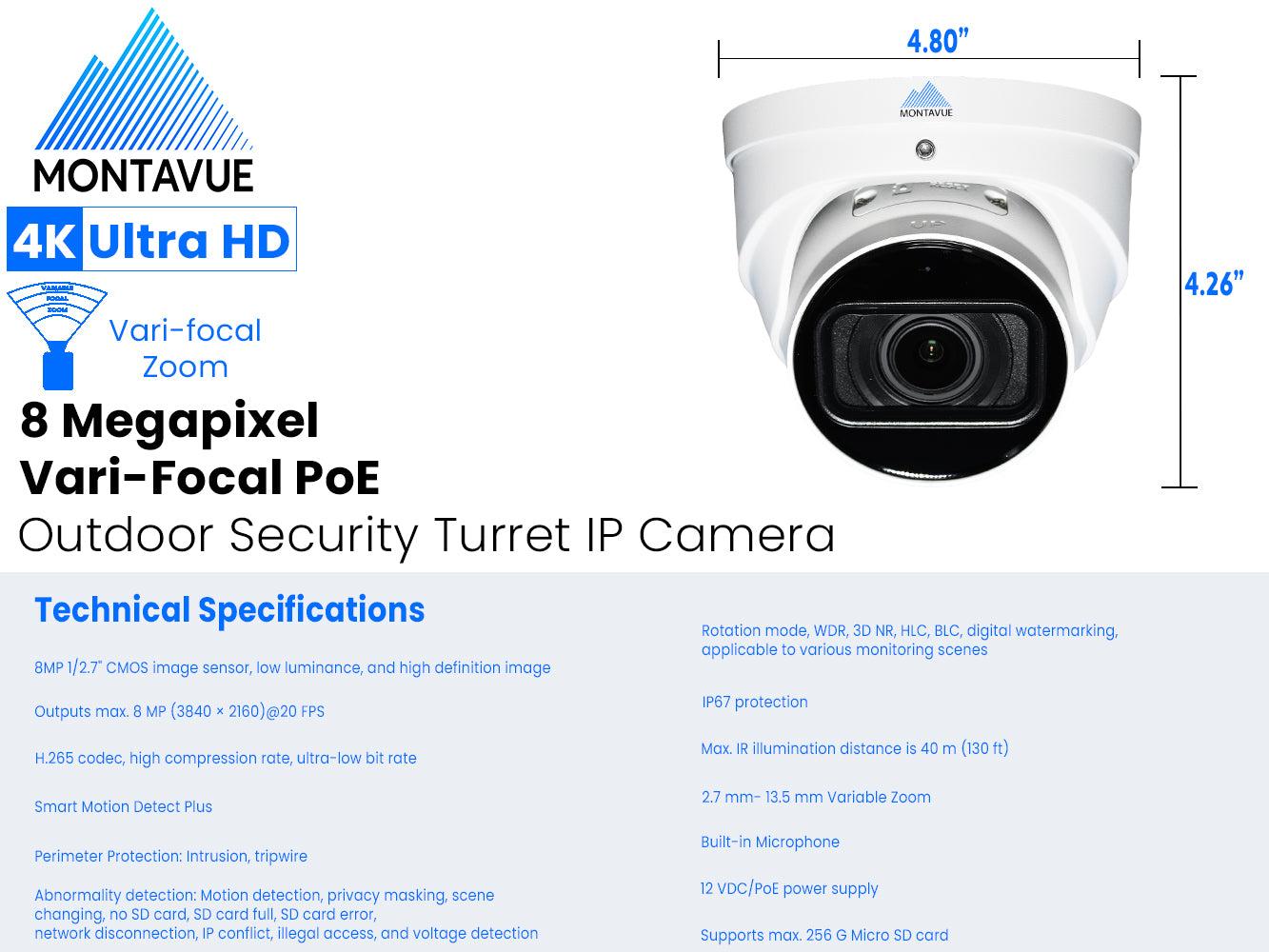 MTT8113-V-AISMD | 8MP 4K Varifocal Turret Security Camera with Smart Motion Detection - Montavue