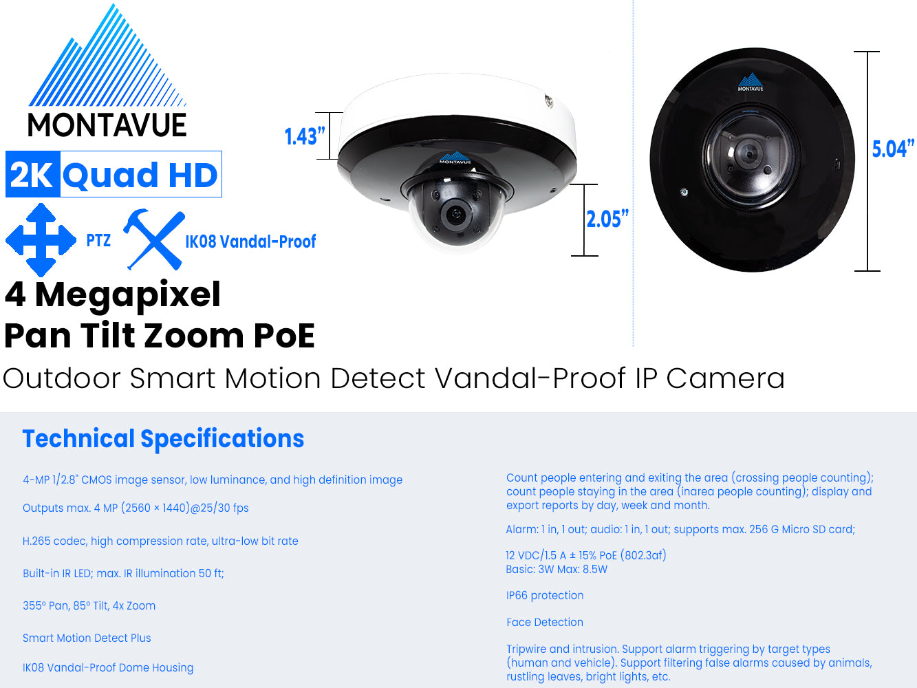 MTZ4040-IRAISMD-X | 4MP 2K 30FPS PTZ Camera with 4x Zoom and SMD+ - Montavue