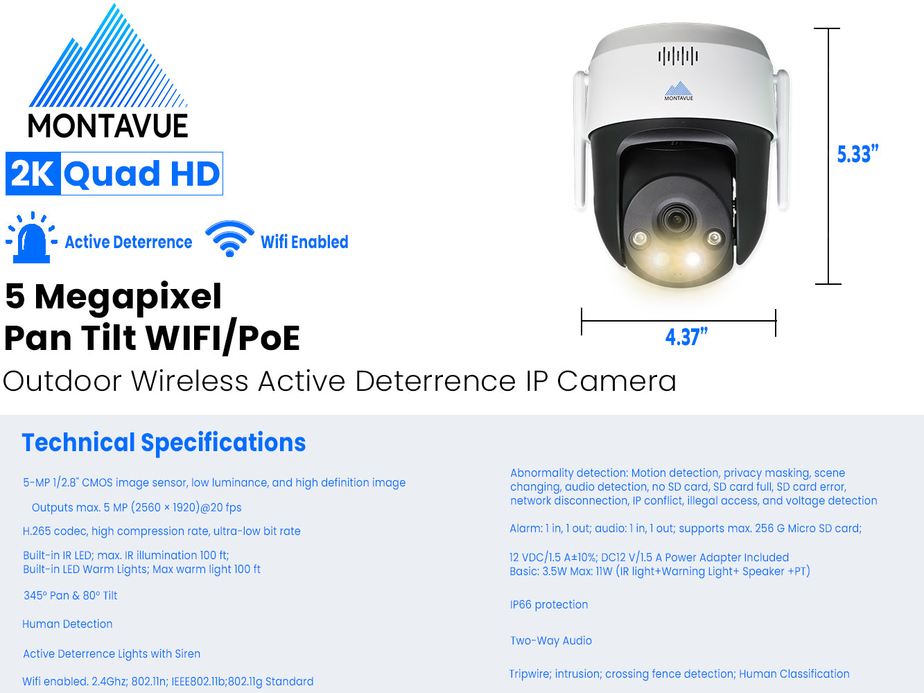 MTZ5-IR-FC-AD-WIFI | 5MP 2K WIFI Active Deterrence Pan Tilt Camera with Two-Way Audio - Montavue