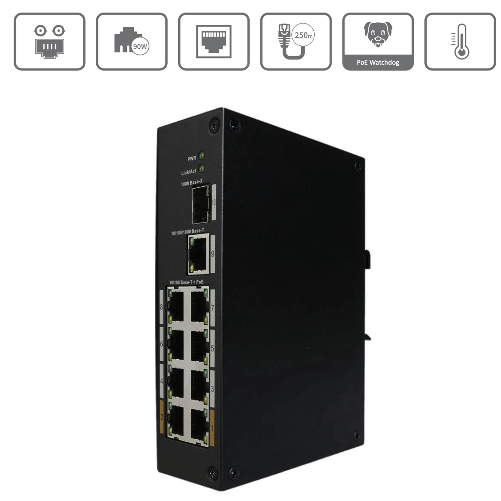 MAS08P096H-X | 8 Port PoE+ Switch with Two 60W High PoE Ports and Gigabit Uplink - Montavue