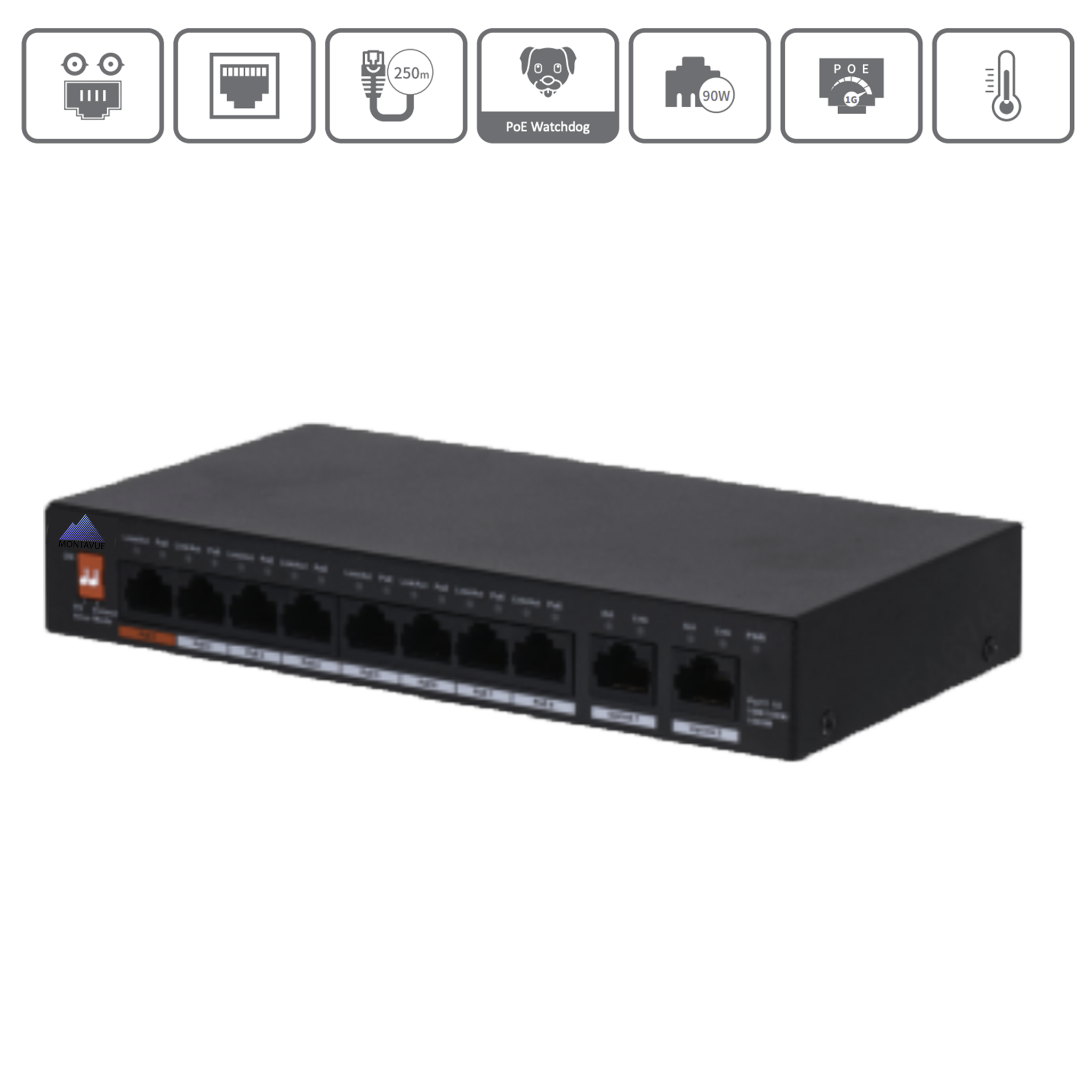 MAS10P096 | 8 Port PoE+ Switch with Two Gigabit Uplink Ports - Montavue