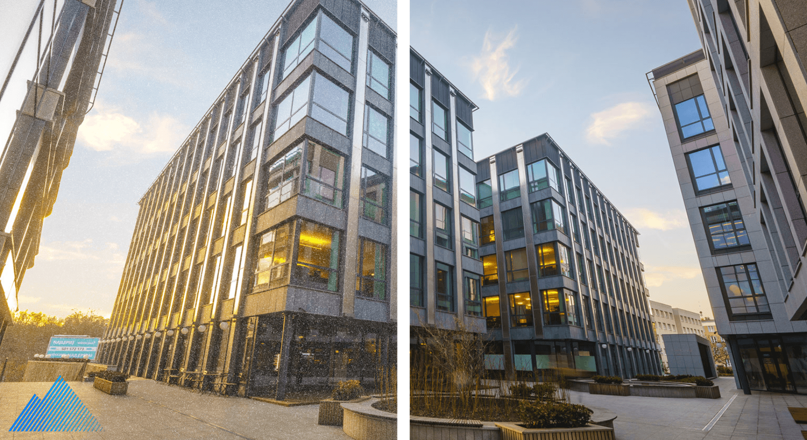 Before and after of dynamic noise reduction of a photo of a building