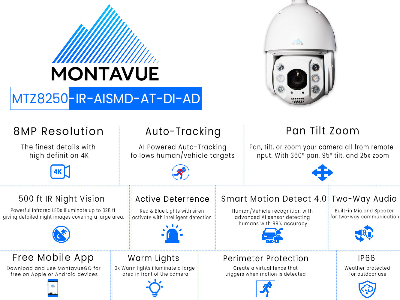 MTZ8250-AD | 8MP 4K Auto-Tracking Active Deterrence PTZ Camera with 25x Zoom - Montavue