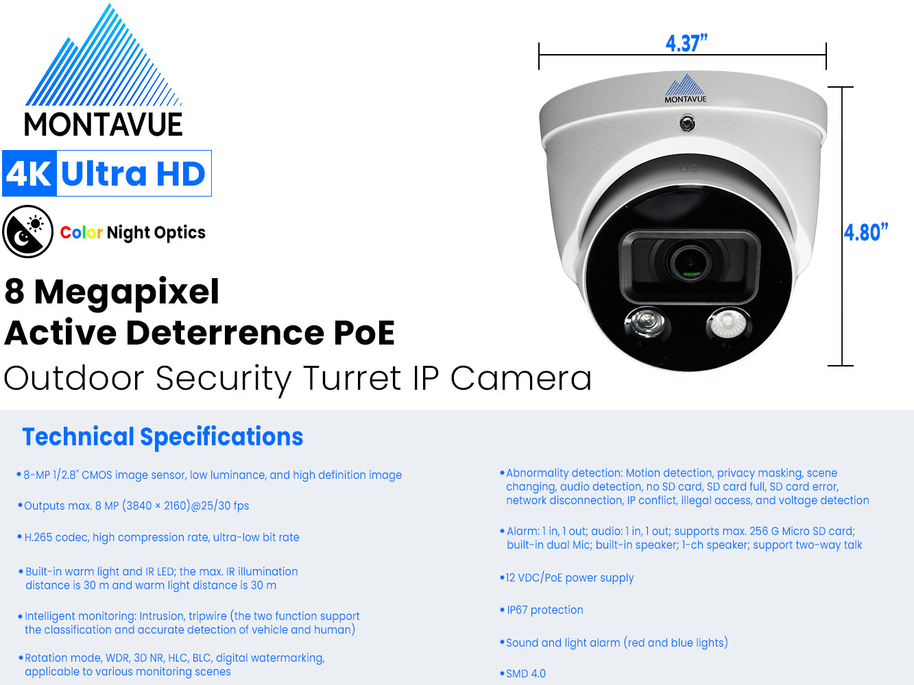 MTT8106-AD | 8MP 4K Turret Security Camera with Active Deterrence and