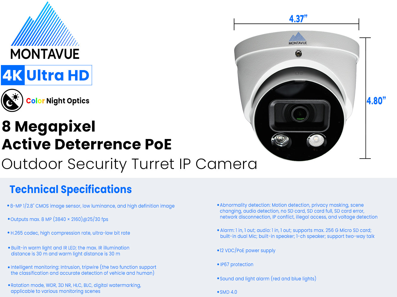 MTT8106 | 8MP 4K Turret Security Camera with Active Deterrence and SMD 4.0 - Montavue