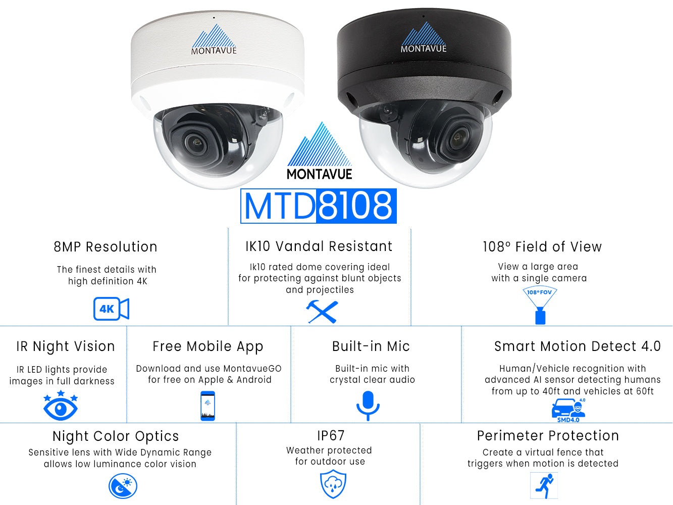 MTD8108-AISMD-X | 8MP 4K 30FPS IK10 Dome Security Camera with SMD 4.0 - Montavue