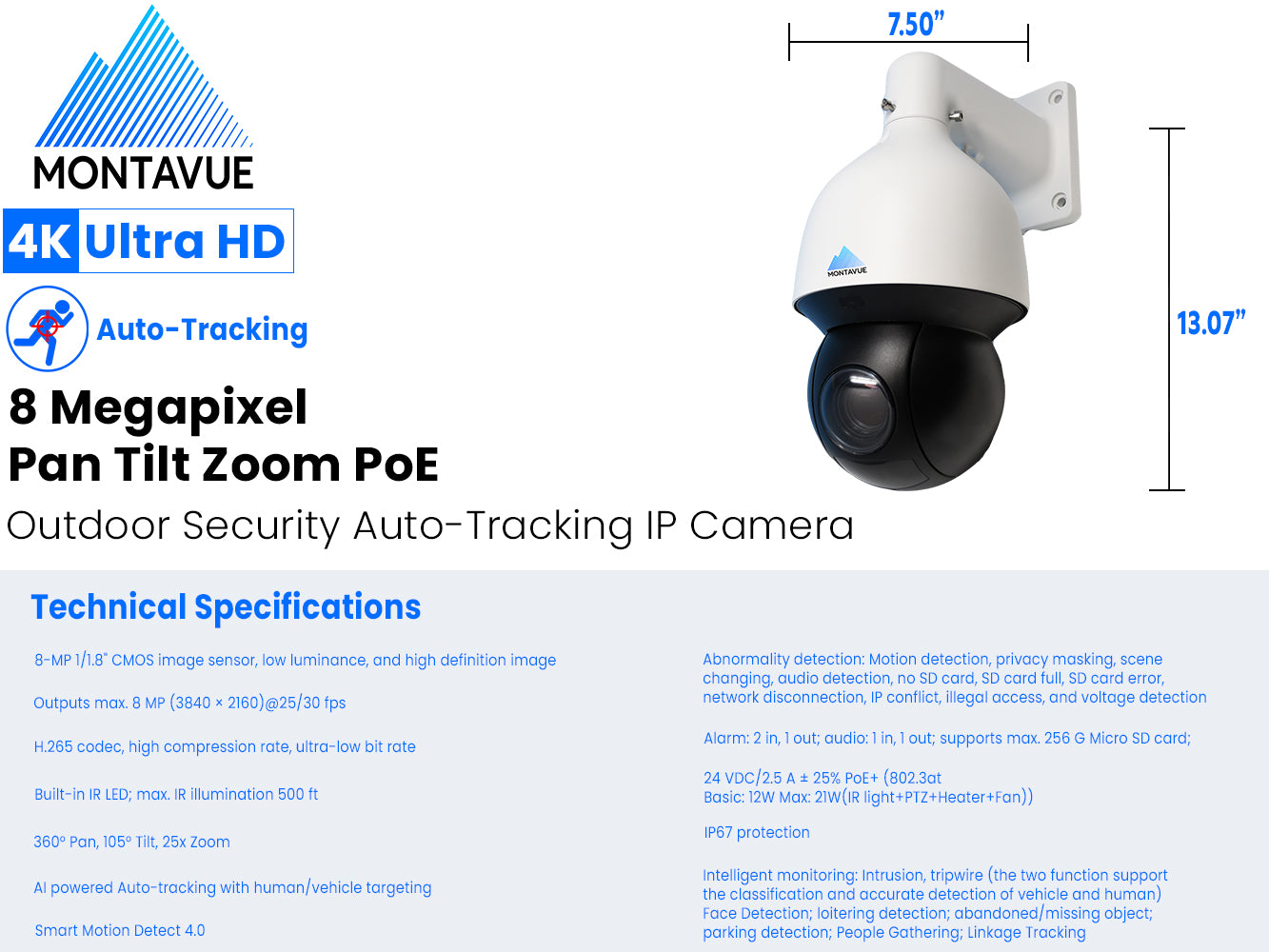 Montavue - 4K Pan-Tilt-Zoom (PTZ) Camera w/ 25x Zoom, Auto-Tracking