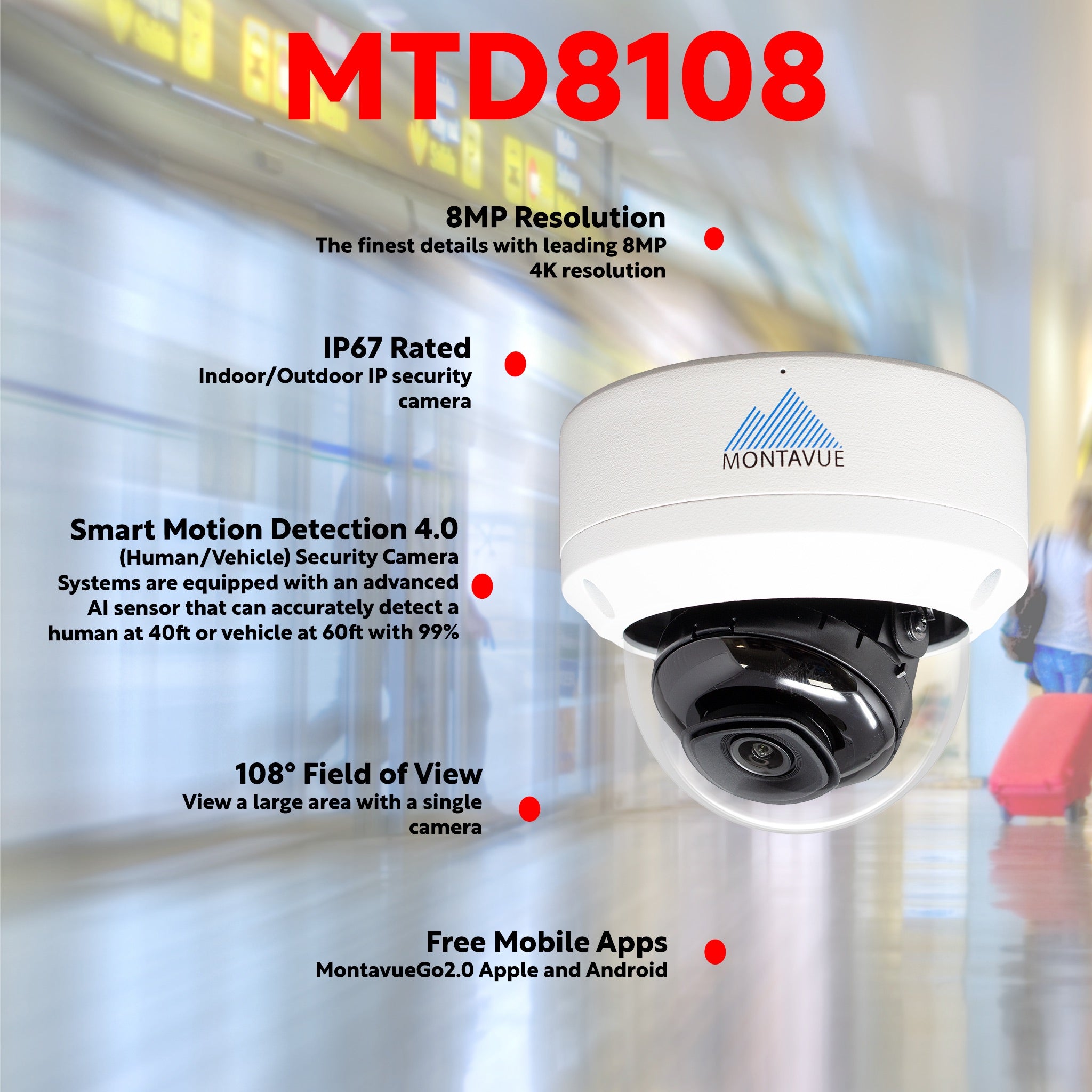 8MP 4K Smart Motion Vandal Dome Camera Security System w/ 8 Channel NVR and 2TB Hard Drive - MTD8108-AISMD-X - Montavue