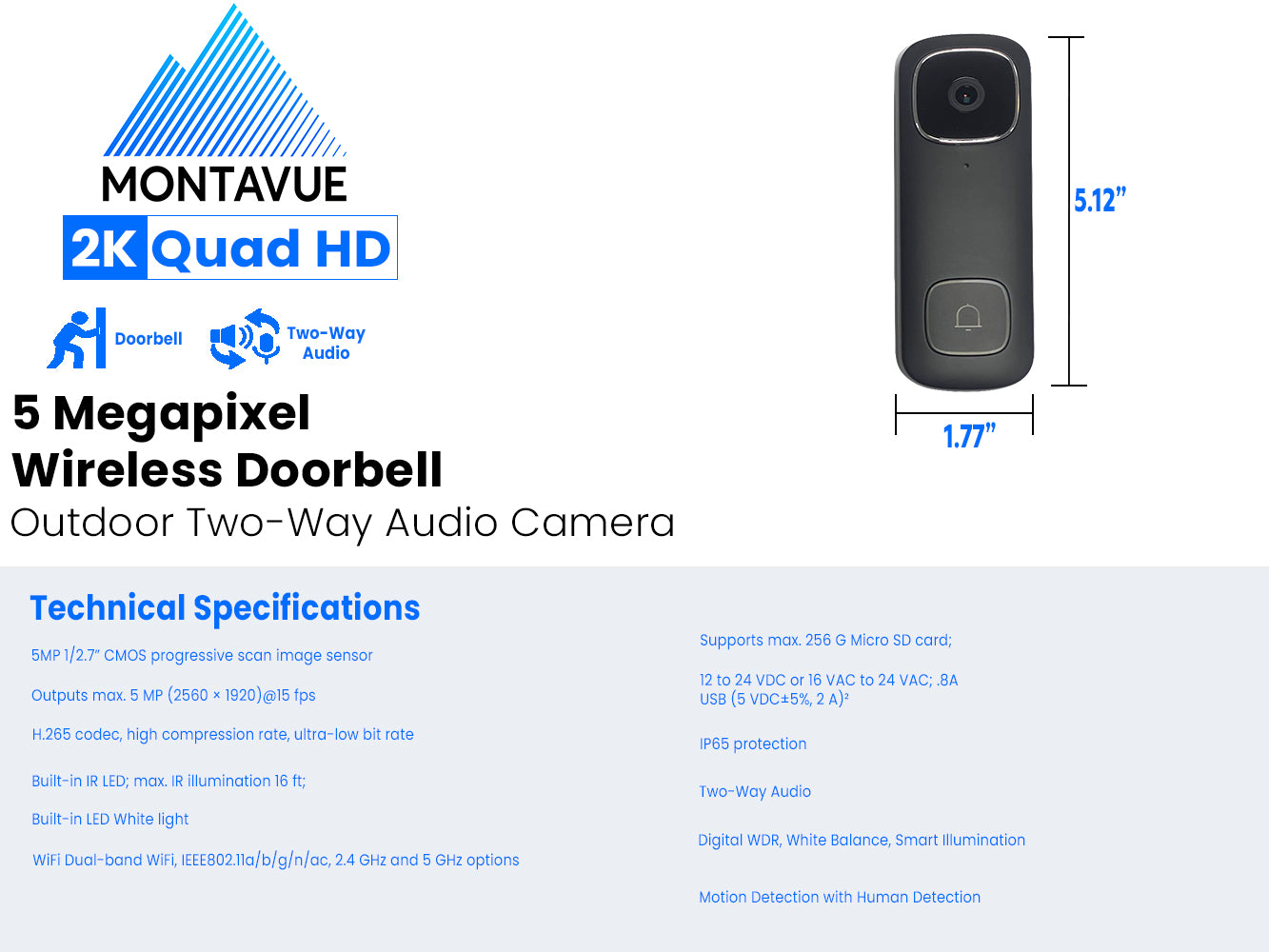 DH-DB6i | 5MP 2K Black Wi-Fi Doorbell Camera with 2-Way Audio and Human Detection - Montavue