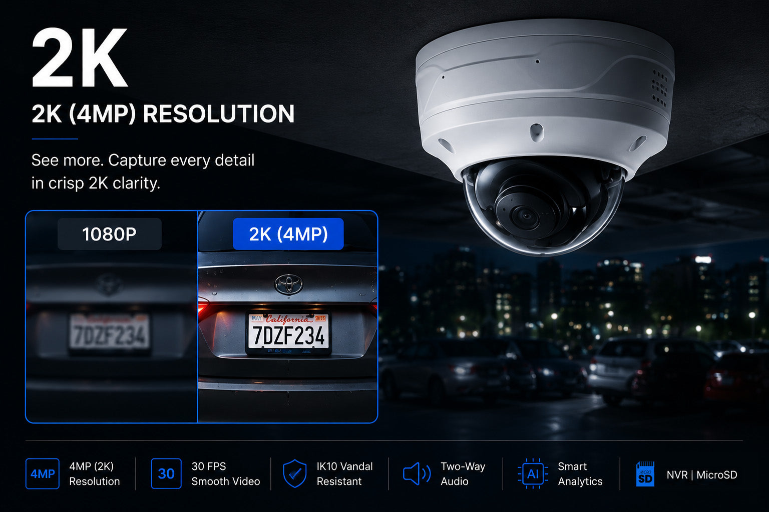4MP 2K Nexus Smart Vandal Proof Dome IP Security Camera System with 8 Channel PoE NVR & 2TB HDD