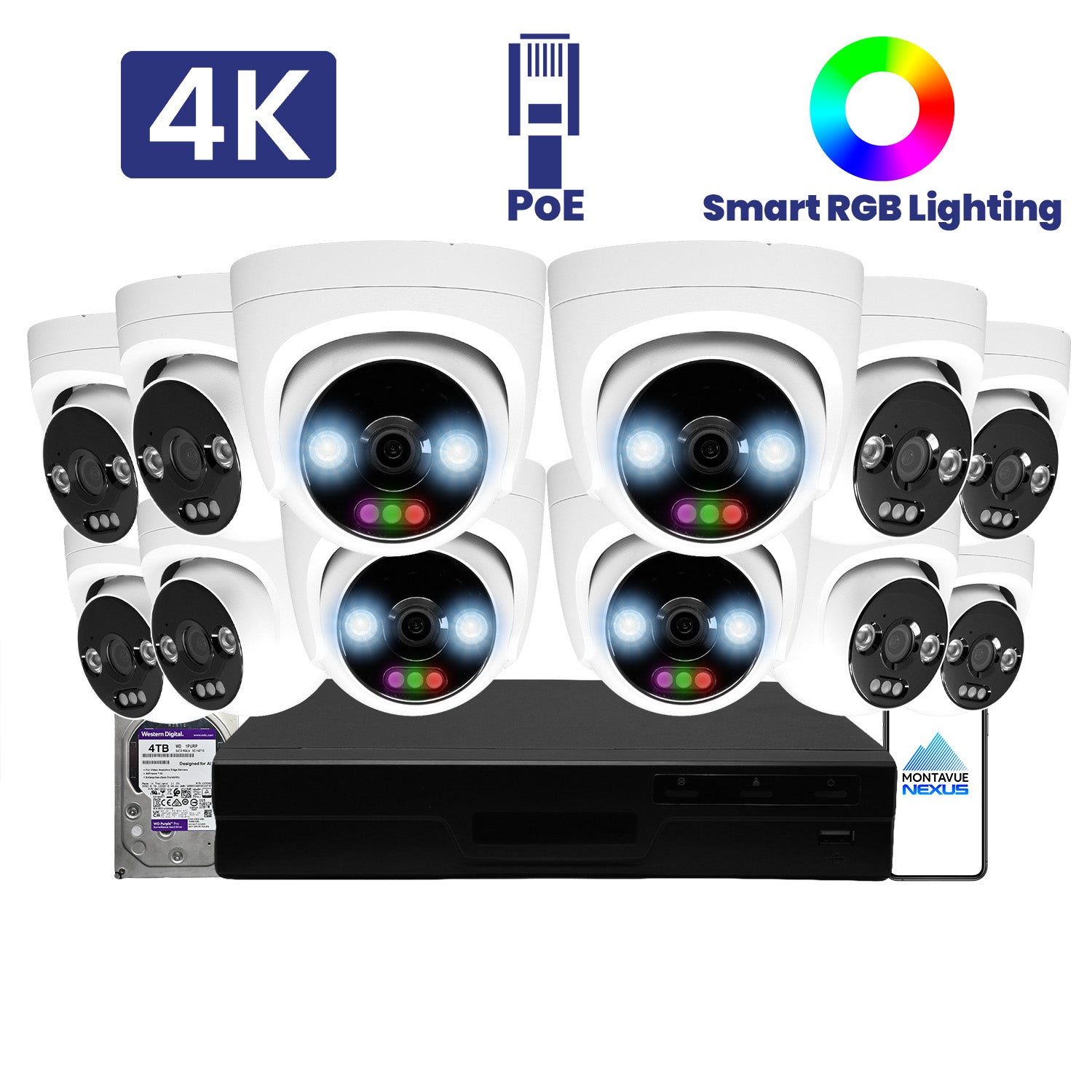 12MP 4K Home RGB Turret IP Security Camera System with Pro 16 Channel PoE NVR & 4TB HDD - Montavue