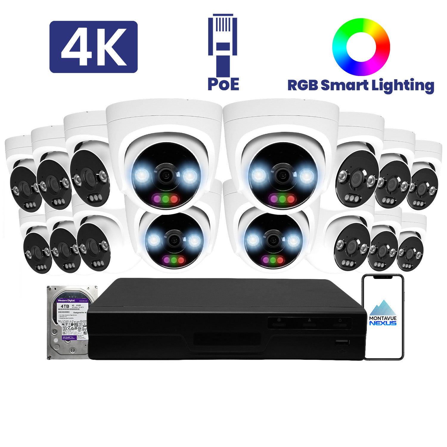 12MP 4K Home RGB Turret IP Security Camera System with Pro 16 Channel PoE NVR & 4TB HDD - Montavue