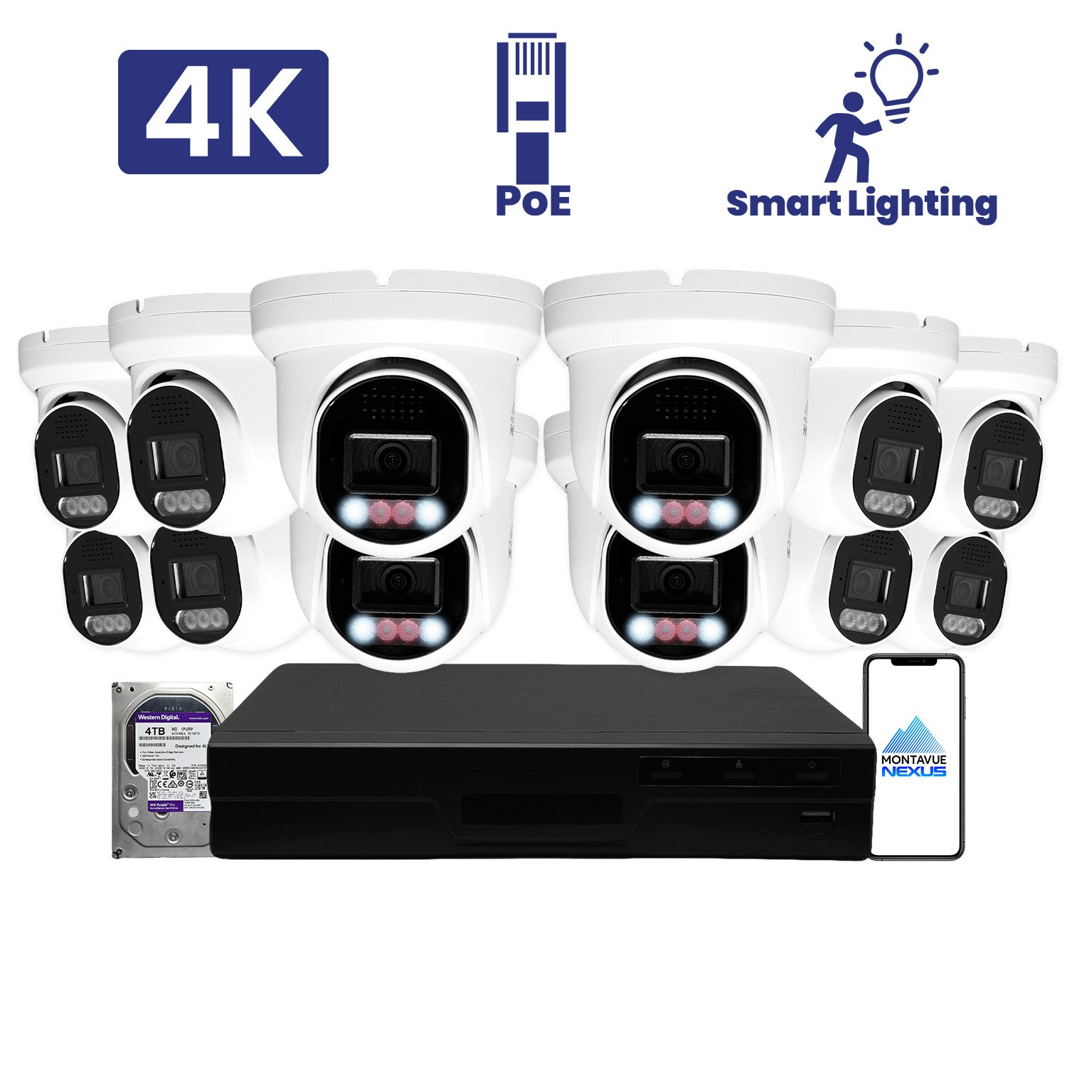 8MP 4K Home Smart Light Turret IP Security Camera System with Pro 16 Channel PoE NVR & 4TB HDD - Montavue