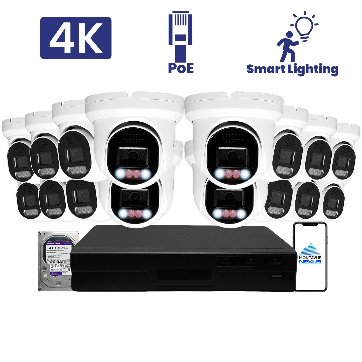 8MP 4K Home Smart Light Turret IP Security Camera System with Pro 16 Channel PoE NVR & 4TB HDD - Montavue