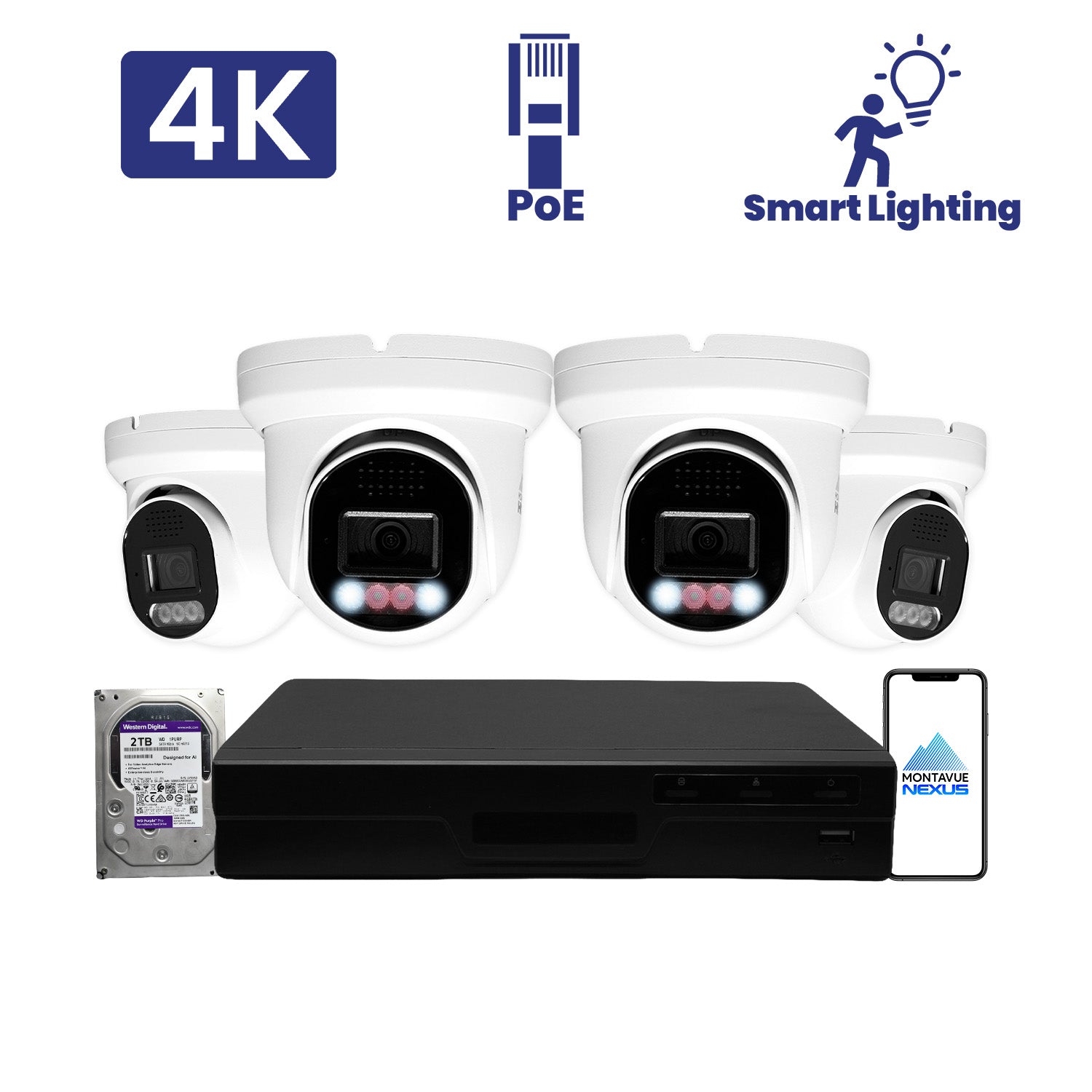 8MP 4K Home Smart Light Turret IP Security Camera System with Pro 8 Channel PoE NVR & 2TB HDD - Montavue
