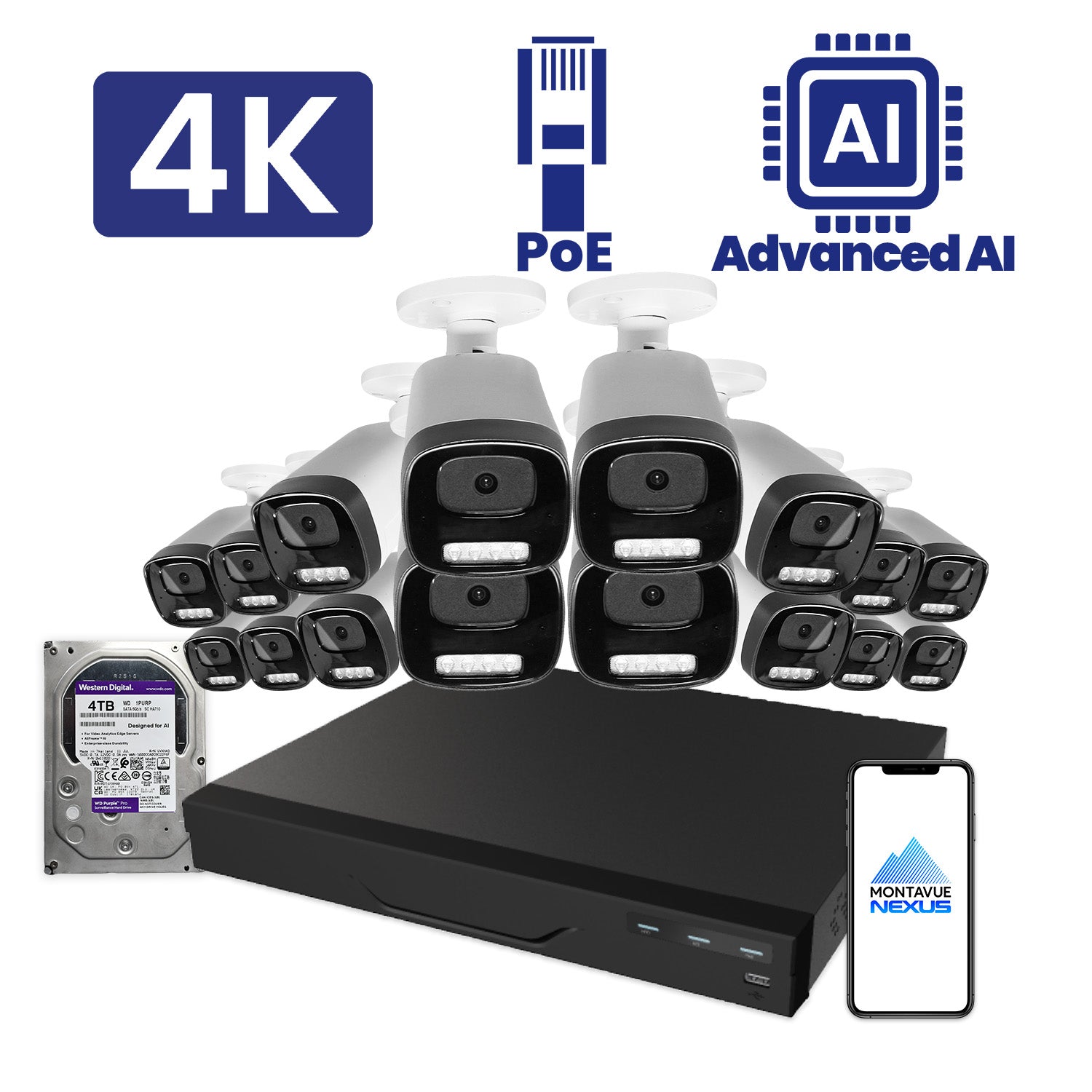 8MP Nexus Advanced AI Bullet Security Kit with 16 Channel NVR Pro & 4TB HDD - Montavue