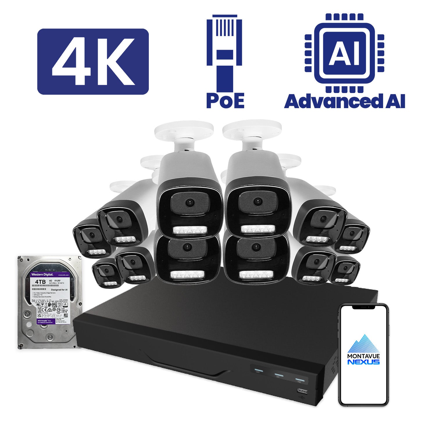8MP Nexus Advanced AI Bullet Security Kit with 16 Channel NVR Pro & 4TB HDD - Montavue
