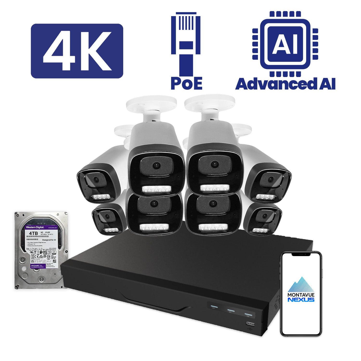 8MP Nexus Advanced AI Bullet Security Kit with 16 Channel NVR Pro & 4TB HDD - Montavue