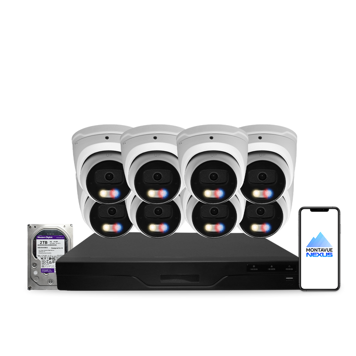 Montavue Nexus 8MP 4K Active Deterrence Turret PoE Security Camera System with 8-Channel Pro NVR & 2TB HDD