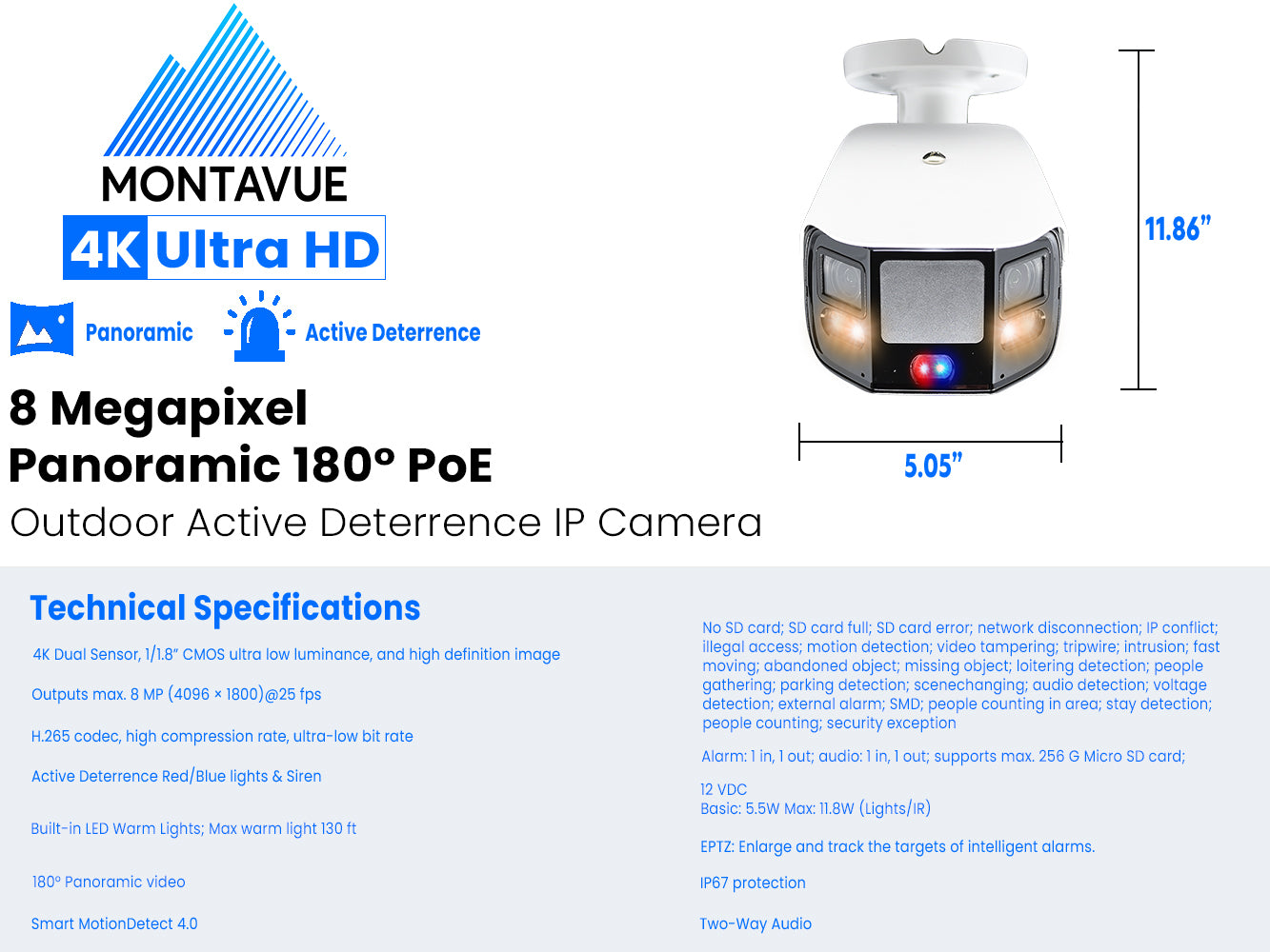 MTB180-TIOC | 8MP 4K 180° Panoramic Active Deterrence Bullet Camera with Full Color and SMD 4.0 - Montavue
