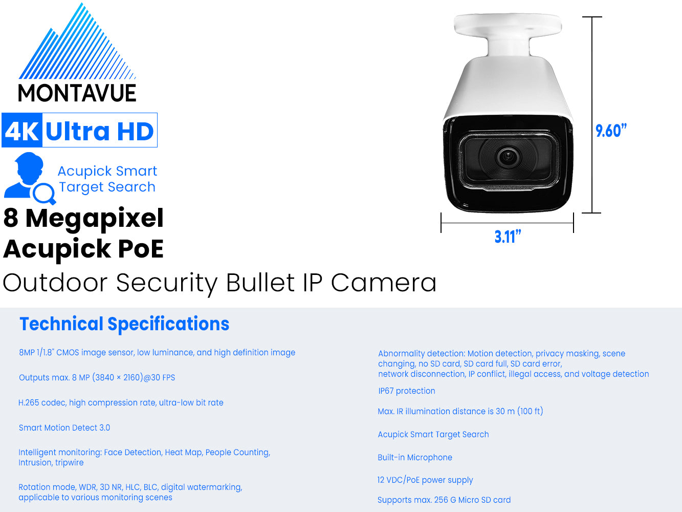 MTB8110-SMD3-AP-E | 8MP 4K 30FPS EPoE Summit Series Bullet Security Camera with Acupick and Smart Motion Detection - Montavue