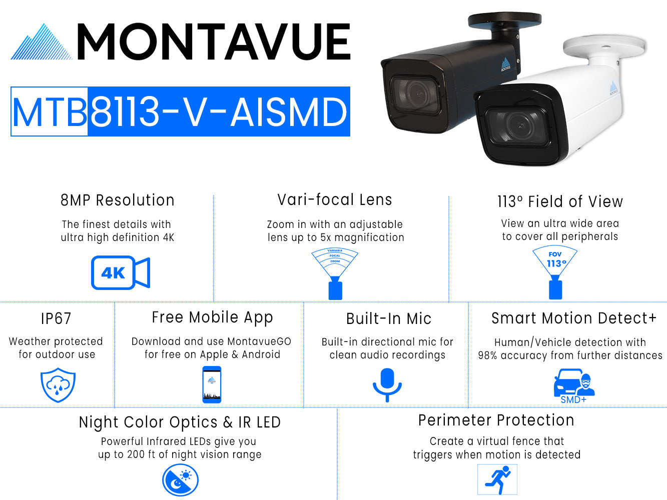 MTB8113-V-AISMD Package | 8MP 4K Smart Varifocal Bullet Cameras and 8 Channel 4 Series AI NVR and 2TB HDD - Montavue