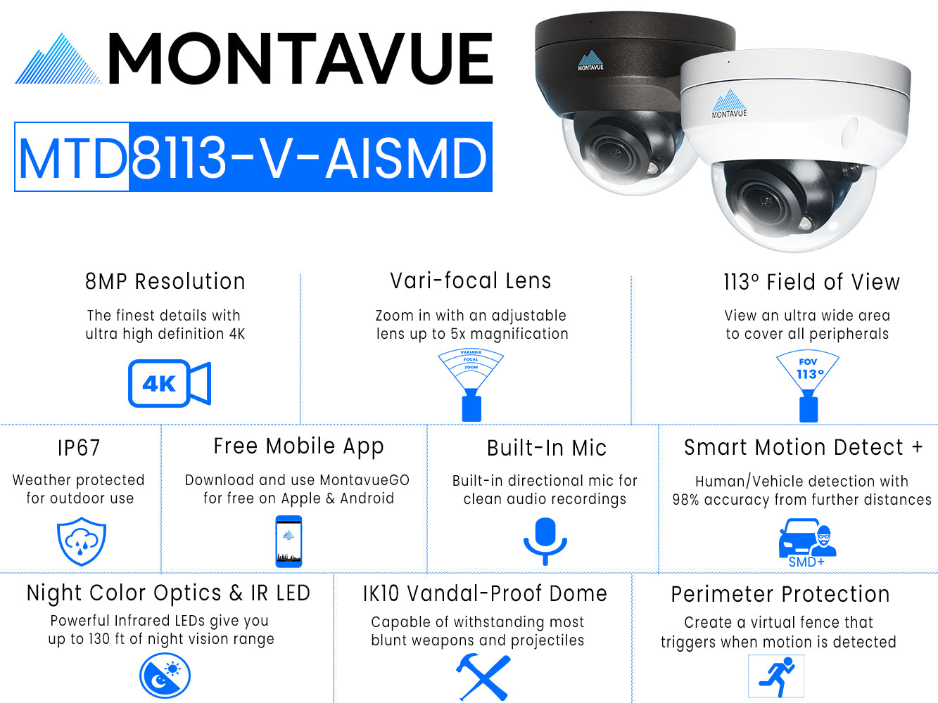 MTD8113-V-AISMD| 8MP 4K Varifocal IK10 Dome Security Camera with Smart
