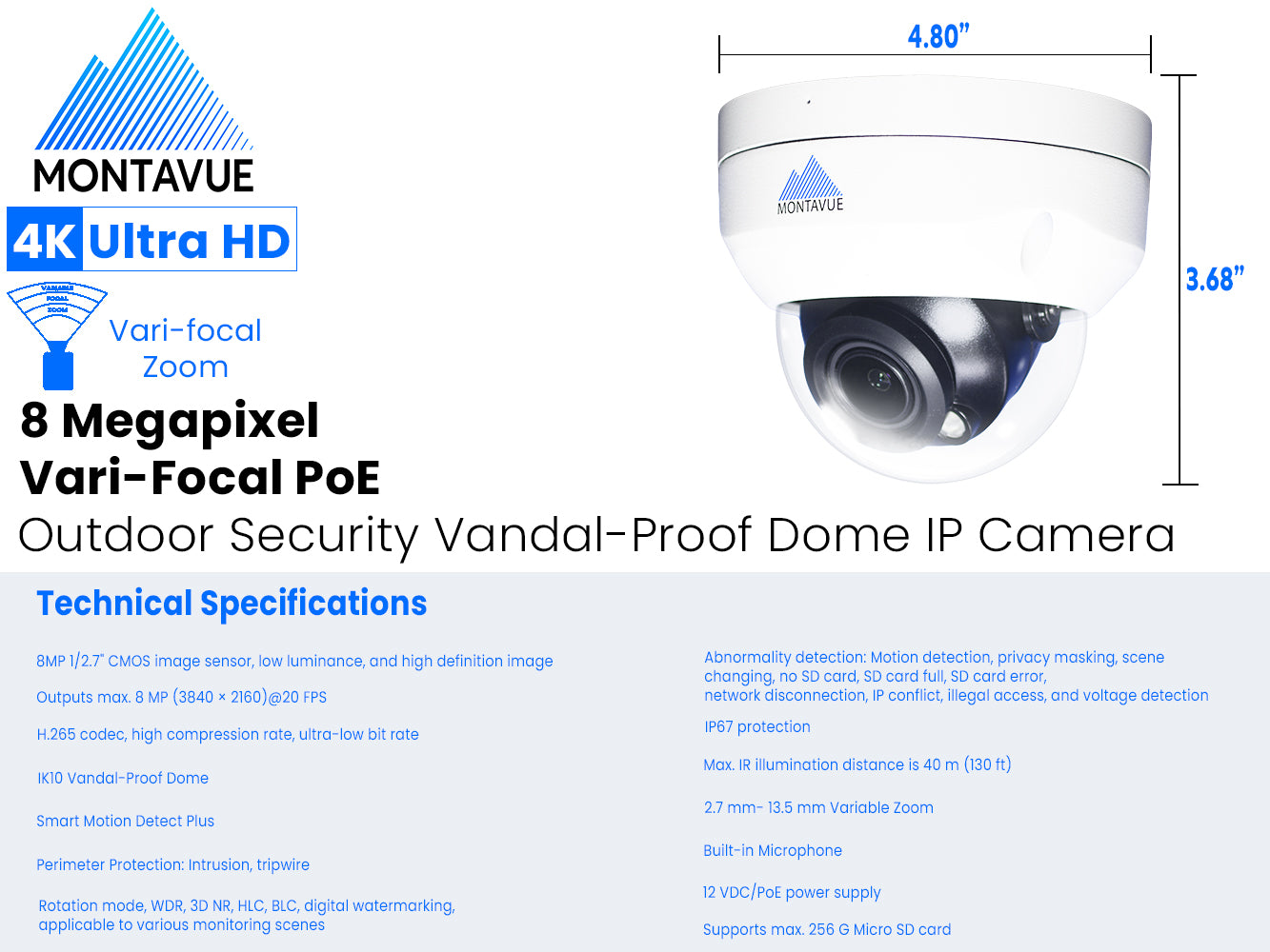 MTD8113-V-AISMD| 8MP 4K Varifocal IK10 Dome Security Camera with Smart Motion Detection - Montavue