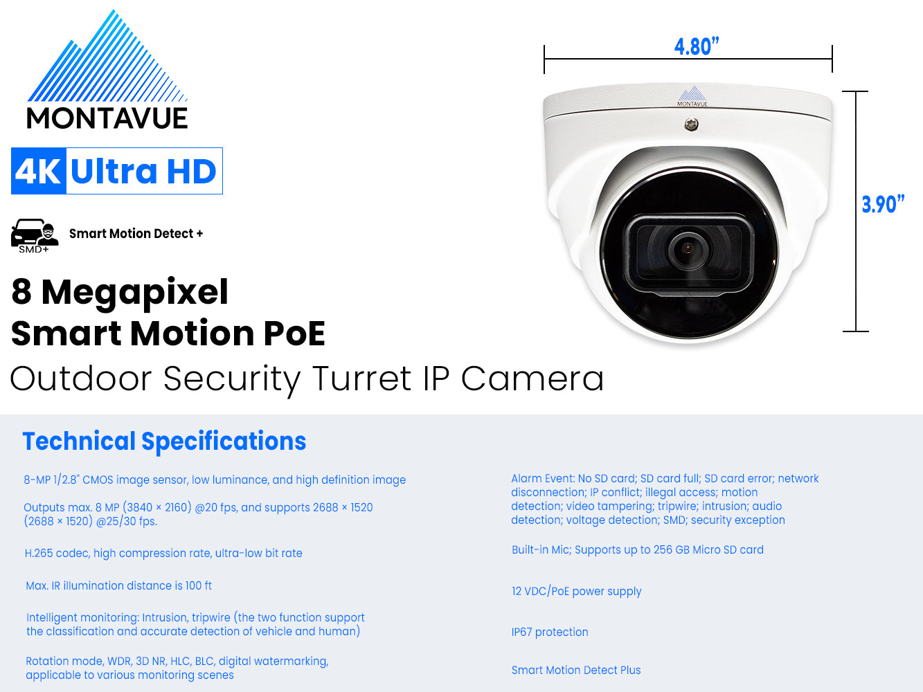 MTT8106-SMD Package | 8MP 4K Smart Motion Turret Cameras and 4 Channel NVR with 1TB HDD - Montavue