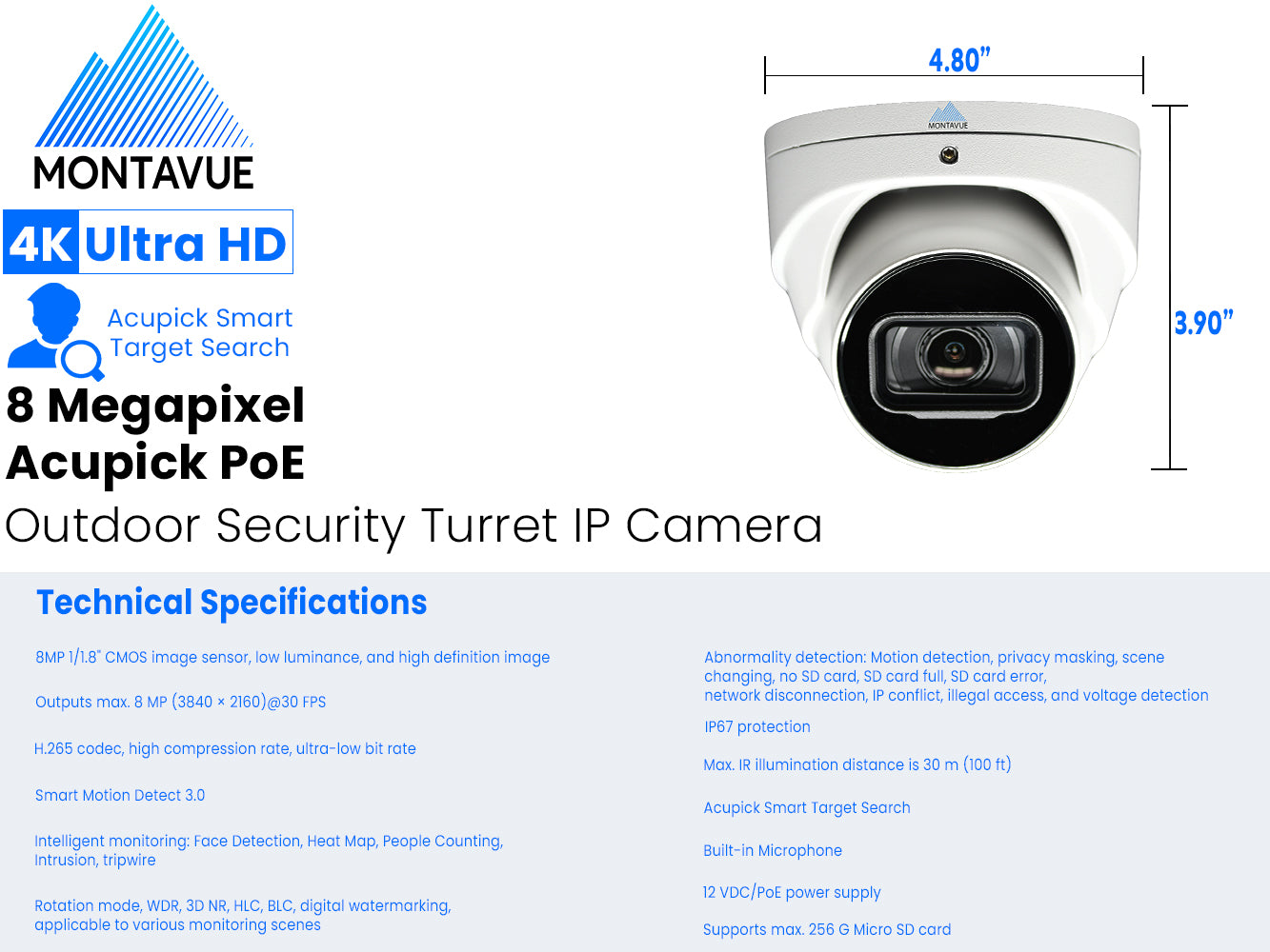 MTT8110-SMD3-AP-E | 8MP 4K 30FPS EPoE Summit Series Turret Security Camera with Acupick and Smart Motion Detection - Montavue
