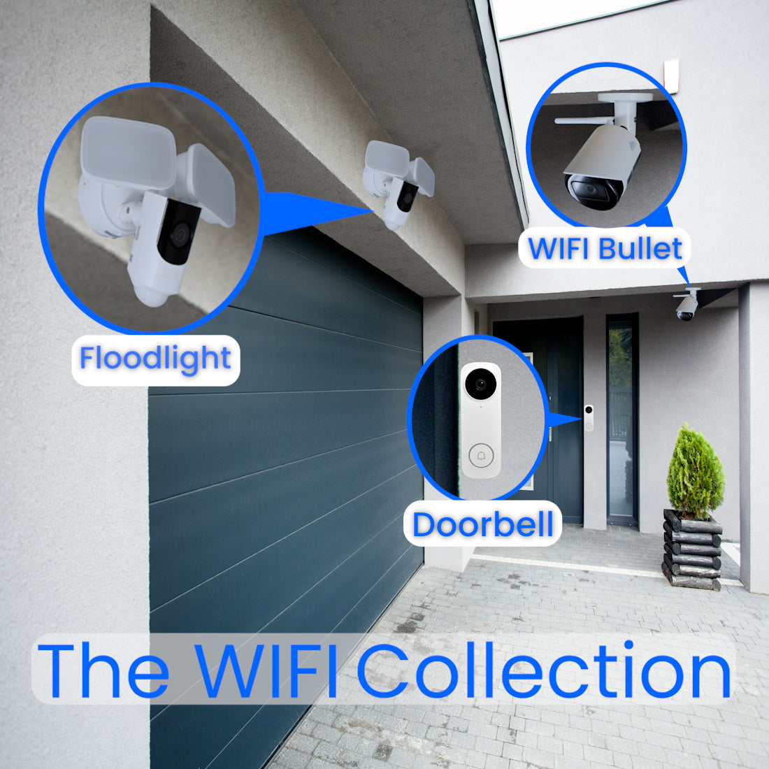 Wifi security camera, doorbell, floodlight, IP bullet, 2K, 2-way audio, mobile notifications