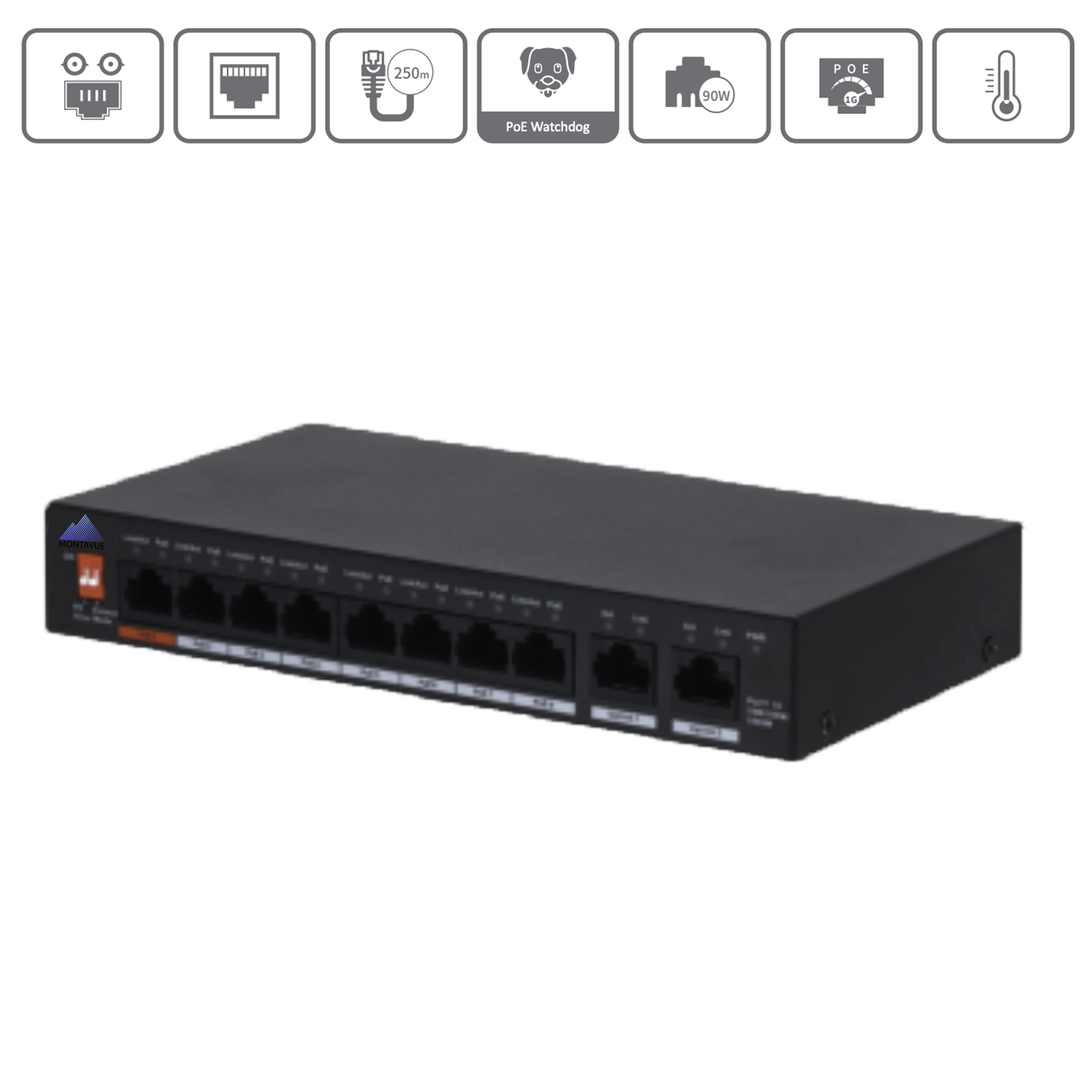 MAS10P096GB | 10 Port/8 PoE Port Gigabit Ethernet Switch - 96W - Montavue