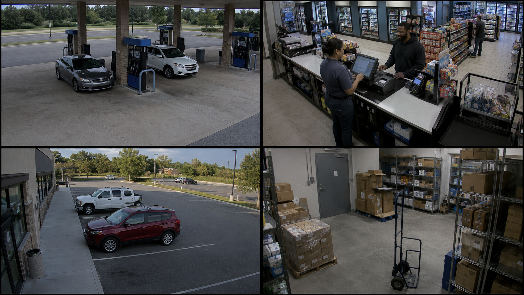 Surveillance views of fuel pumps, checkout, parking and stockroom
